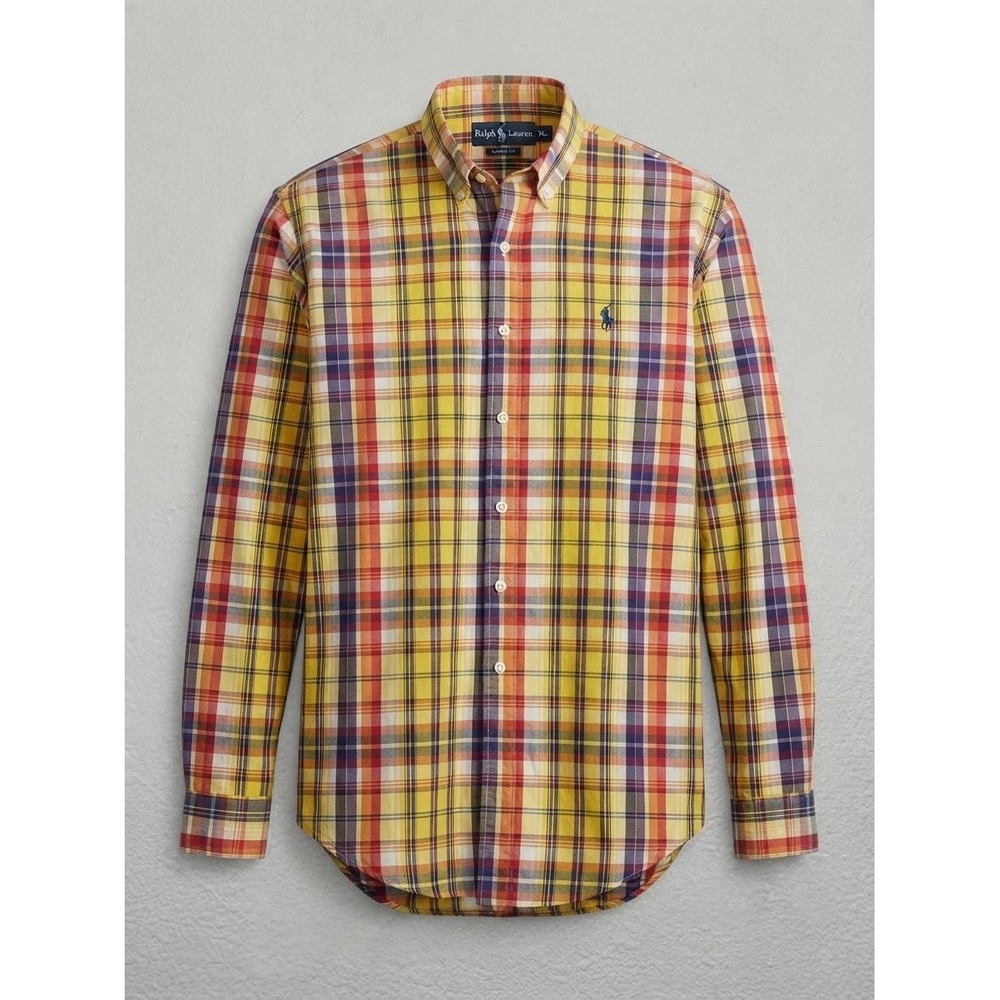 Ralph Lauren Vintage Button Down L Pony Logo Cotton Plaid Colorful Preppy 90s